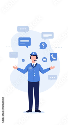 Professional Customer Support Agent Offering Assistance Amidst Communication Bubbles