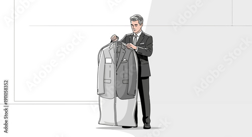 Professional Man Holds Garment Bag With Suit In Clean Style