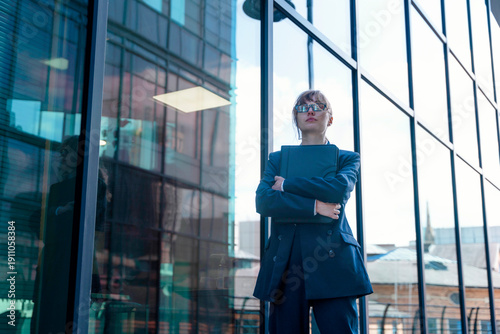 Wallpaper Mural Businesswoman stands confidently outside modern office building during sunny day Torontodigital.ca