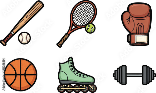 Sports equipment collection illustrated baseball tennis boxing basketball roller skate dumbbell
