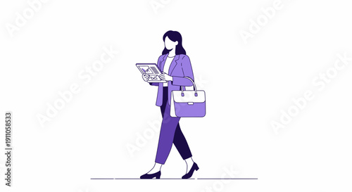 Professional Woman Engaged With Data On A Tablet While Commuting With Briefcase