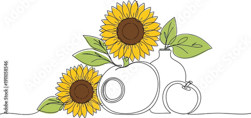 Sunflowers in a Vase with Pumpkins