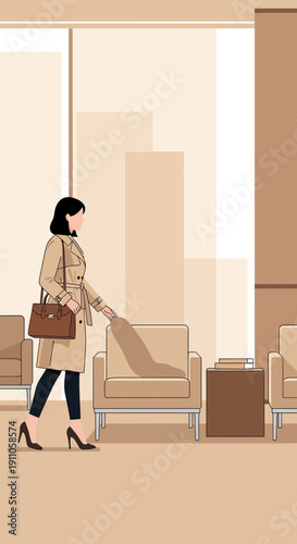 Professional Woman Navigating Modern Office Waiting Area With Confidence