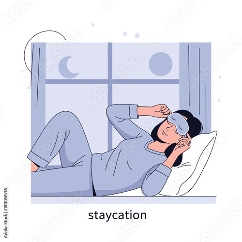 Relaxing Woman Lying on Bed Near Window Under Moon During Evening Staycation Concept Illustration