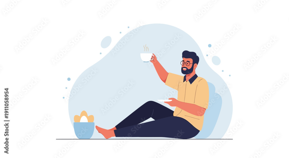 Obraz premium Relaxed Man Enjoys Breakfast With Coffee And Eggs