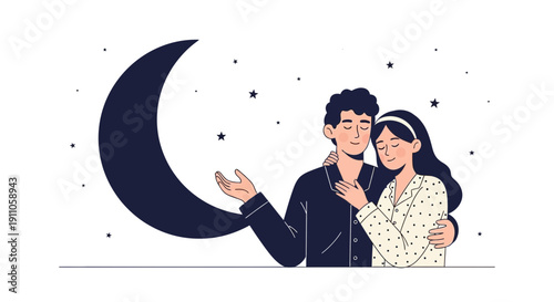 Romantic Couple Embracing Under A Crescent Moon And Stars
