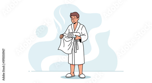 Relaxed Man In Robe Holding Freshly Rolled Towel For Spa Day