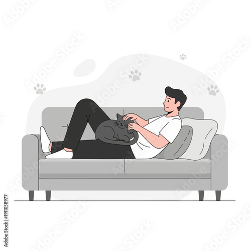 Relaxed Man on a Couch Caressing a Sleeping Cat in a Peaceful and Comfortable Setting