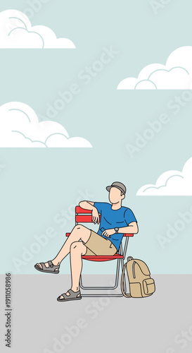 Relaxed Man Sitting Outdoors With Backpack Under Cloudy Sky