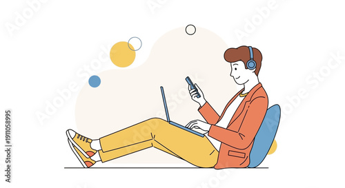 Relaxed Person Engaged With Digital Devices On White Background