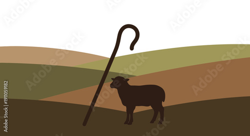 Rural Silhouette Of A Sheep And Shepherd Staff In Rolling Hills Landscape