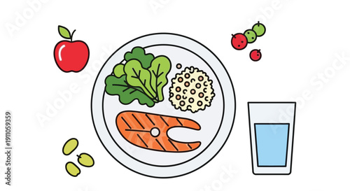 Healthy plate with salmon rice vegetables and a glass of water illustration