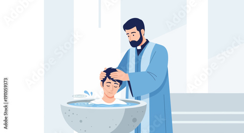 Sacred Ritual A Clergy Member Performs Baptismal Ceremony In A Serene Setting