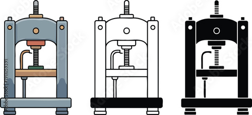 Vintage hydraulic press machine silhouette & Outline and illustration set isolated on transparent background