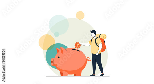 Saving For Adventure A Traveler Deposits Coin Into Piggy Bank
