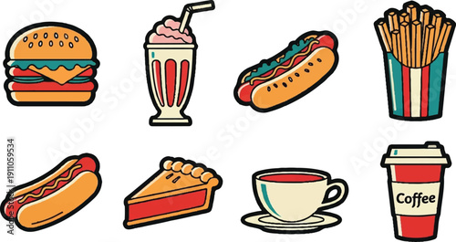 Assorted fast food icons hamburger milkshake hot dog french fries pie coffee