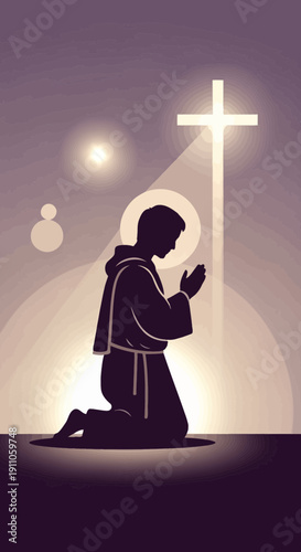 Serene Silhouette of Faith Kneeling Before a Radiant Cross
