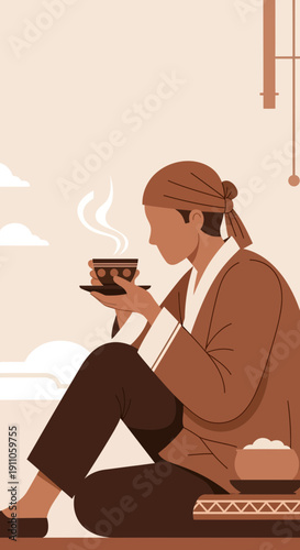 Serene Figure Enjoying A Warm Beverage Traditional Attire Moment Of Calm