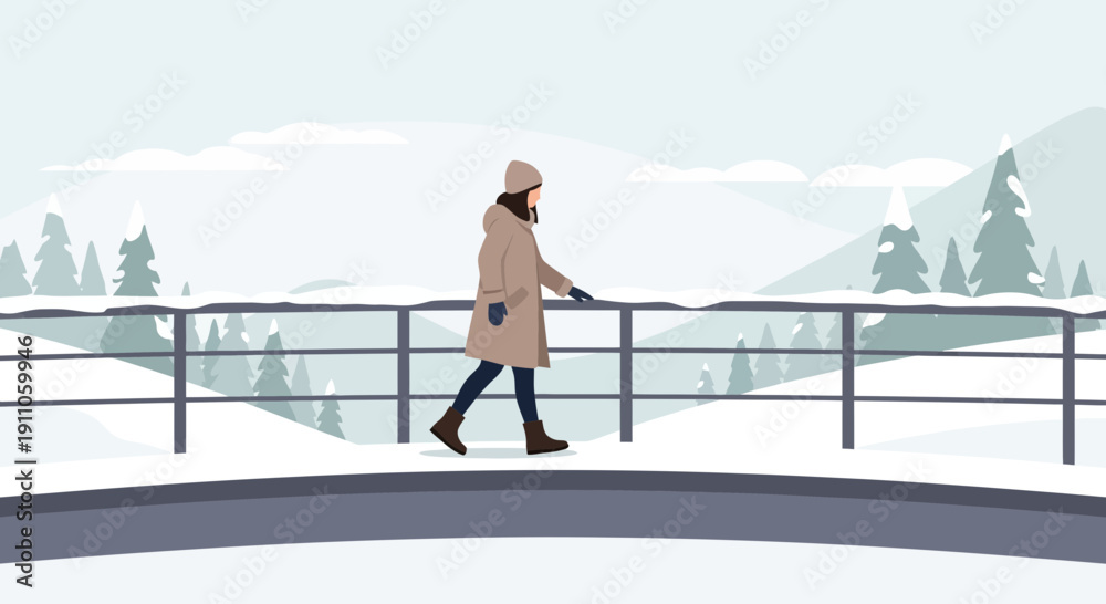 Obraz premium Serene Winter Bridge Walk A Solitary Figure Amidst Snowfall