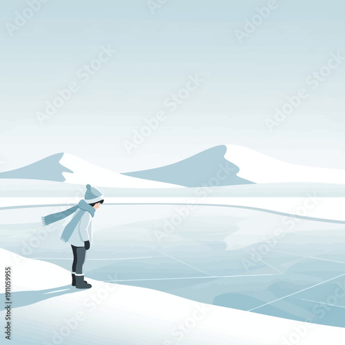 Serene Winter Scene With Lone Figure Gazing At Icy Landscape