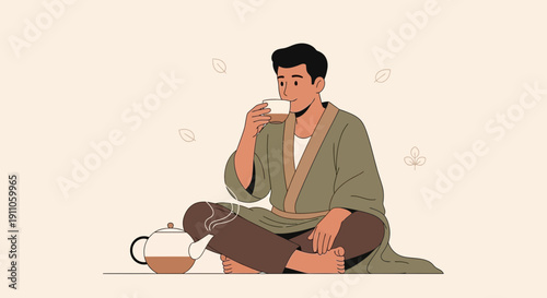 Serene Man Enjoys Peaceful Tea Ritual Dressed in Traditional Robe
