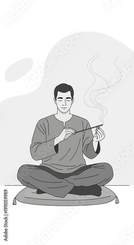 Serene Man Meditating With Incense Stick In A Calm And Peaceful Setting