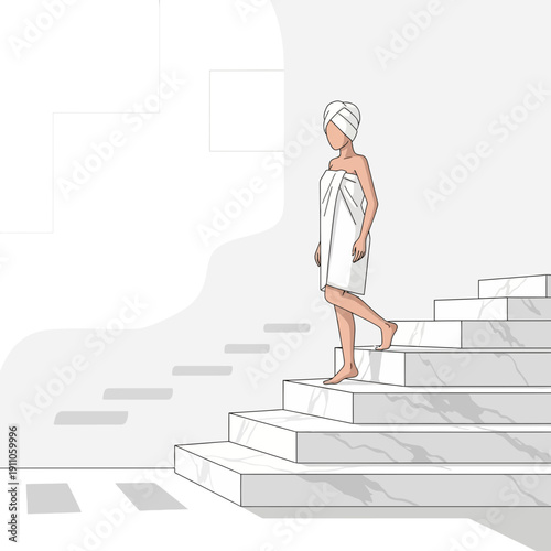 Serene Woman Descends Marble Stairs Wrapped In Towel