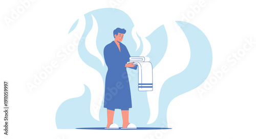 Serene Man In Robe Holding Clean Towels With Abstract Steam Background