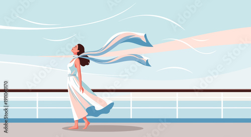 Serene Woman Enjoys Gentle Breeze On Cruise Ship Deck