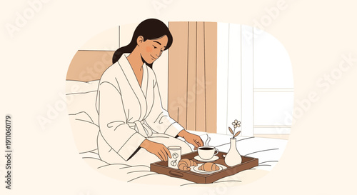 Serene Morning Ritual Enjoying Breakfast In Bed With Coffee And Croissants