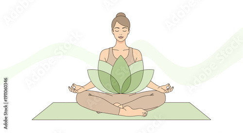 Serene Woman Meditating In Lotus Pose With Blooming Flower