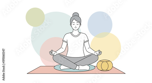 Serene Woman Meditating In Lotus Position With Soft Background Circles