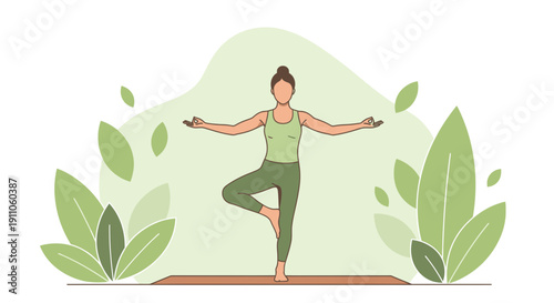 Serene Woman Performing Tree Pose Yoga Amidst Lush Greenery