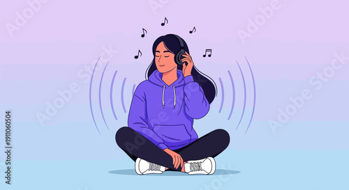 Serene Young Person Enjoys Music Through Headphones