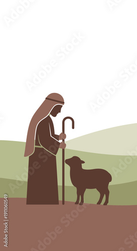 Shepherd With Sheep Pastoral Scene Gentle Animal Care Peaceful Rural Atmosphere