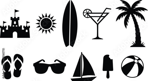 Black and white silhouette icons of summer vacation items on a white background vector illustration