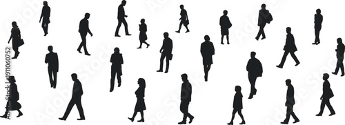 Large group of walking people silhouettes isolated on white background, men and women pedestrians in motion, urban crowd scene, commuting lifestyle concept illustration.