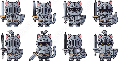 Cartoon knights cats characters set vector illustration