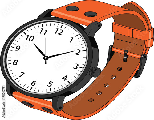 Modern Analog Wristwatch Illustration with Orange Leather Strap Round Dial Stylish Timepiece Vector Design Isolated