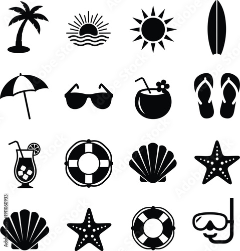 Black and White Summer Vacation Icons in Grid Format on White Background beach travel