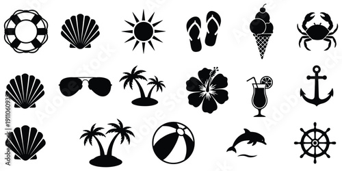 Black and white summer vacation icons including ice cream and palm trees Keywords: summer, vacation, beach, icon, symbol