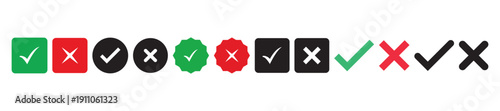 Green check mark, red cross mark icon set. symbols, checklist signs, approval badge. Isolated checkmark signs on white background. design illustration.