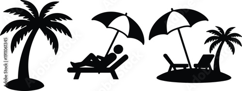 Black silhouette icons of a palm tree, person on a lounge chair, and island scene Keywords: palm tree, silhouette, person, lounge