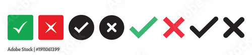 Green check mark, red cross mark icon set. symbols, checklist signs, approval badge. Isolated checkmark signs on white background. design illustration.