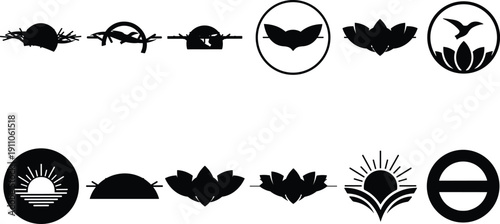 Black silhouette icons of nature elements including birds nests lotus flowers and sunrises Keywords: silhouette, black, icon