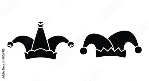Two black jester hats displayed against a white background silhouette
