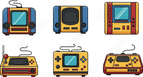 Collection of colorful retro game consoles vector illustration
