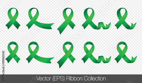Set of vector green awareness ribbons isolated on transparent background for mental health, organ donation and kidney cancer awareness campaigns. Ribbon designs for healthcare, awareness posters