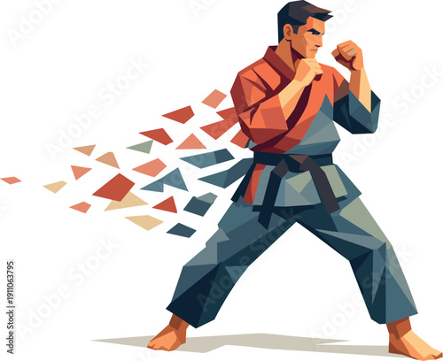 Low-poly vector illustration of a martial artist retracting the high kick and returning to stance, calm confident angular posture
