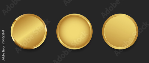 Gold round button collection. Metal coins, Award Gold Blank Medals - 3D Vector Realistic, Round metal realistic frames, medals or stickers.